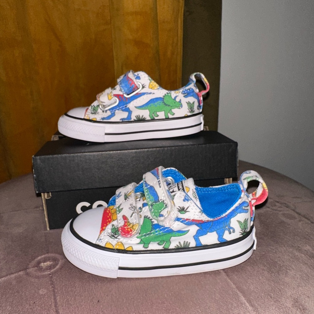 Converse White and Blue Dinosaur Kids Sneakers